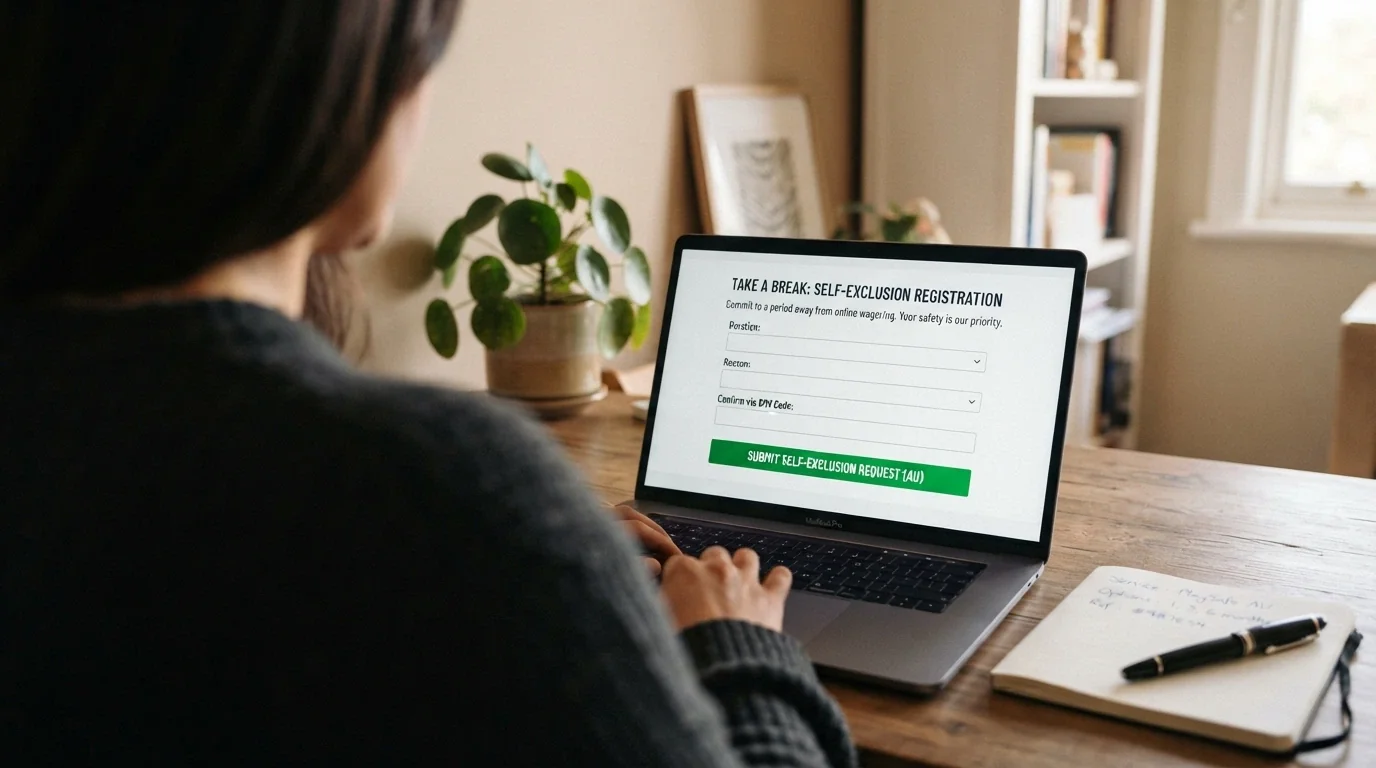 The BetStop National Self-Exclusion Register interface beside an offshore casino welcome bonus page, connected by a broken chain